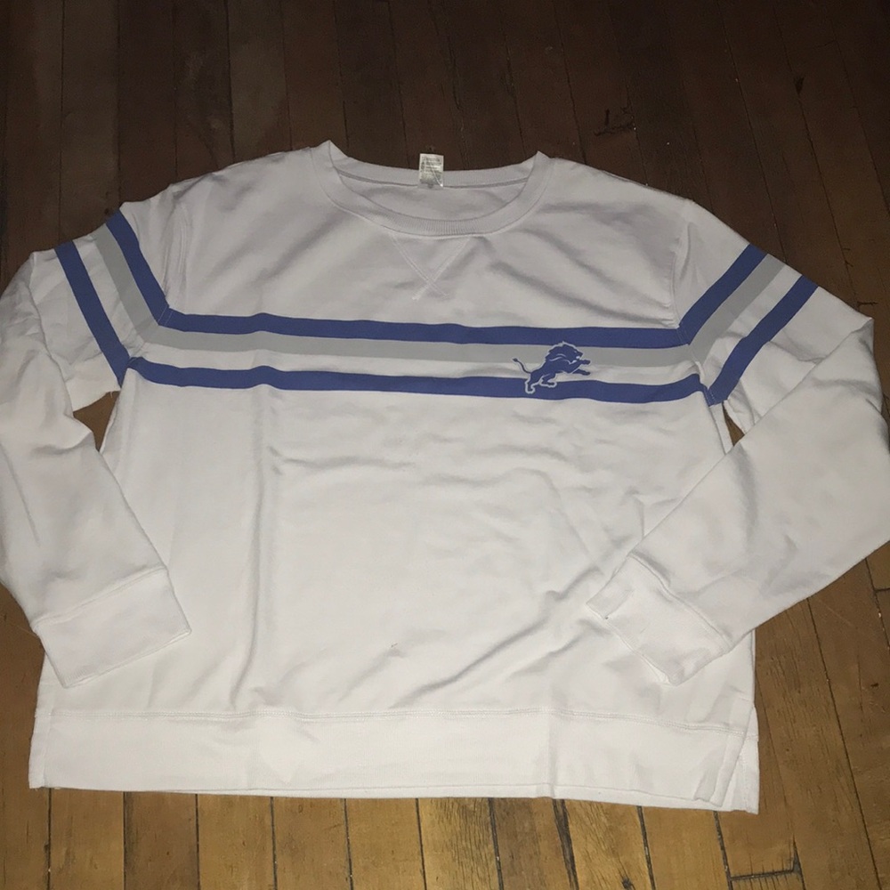 Detroit Lions White Crewneck Sweatshirt with Light Blue Stripes and Logo
